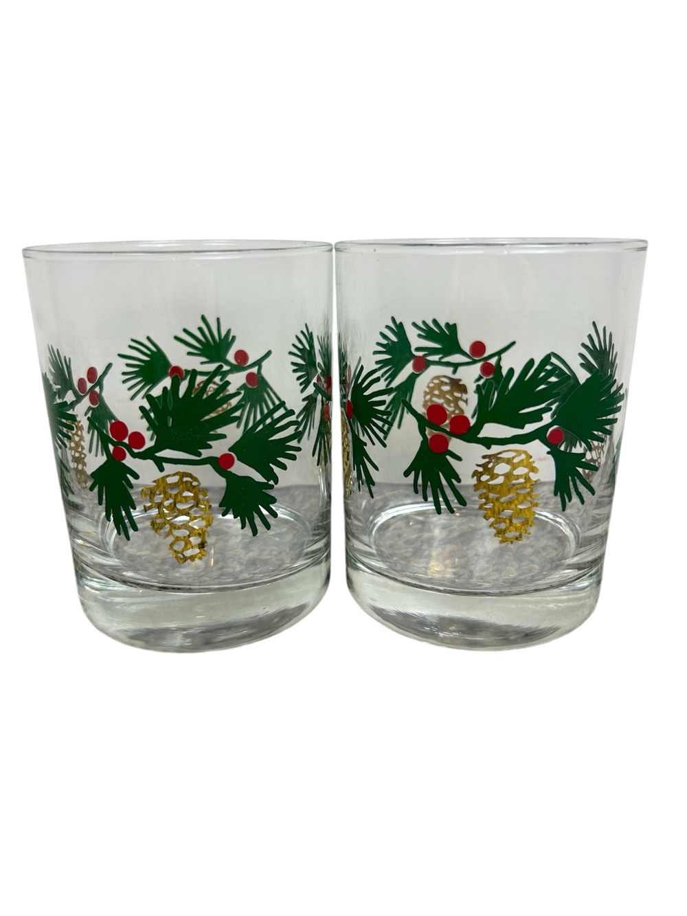 Set of 2 vintage Crate & Barrel Gold Pinecone Whiskey Rocks Glasses